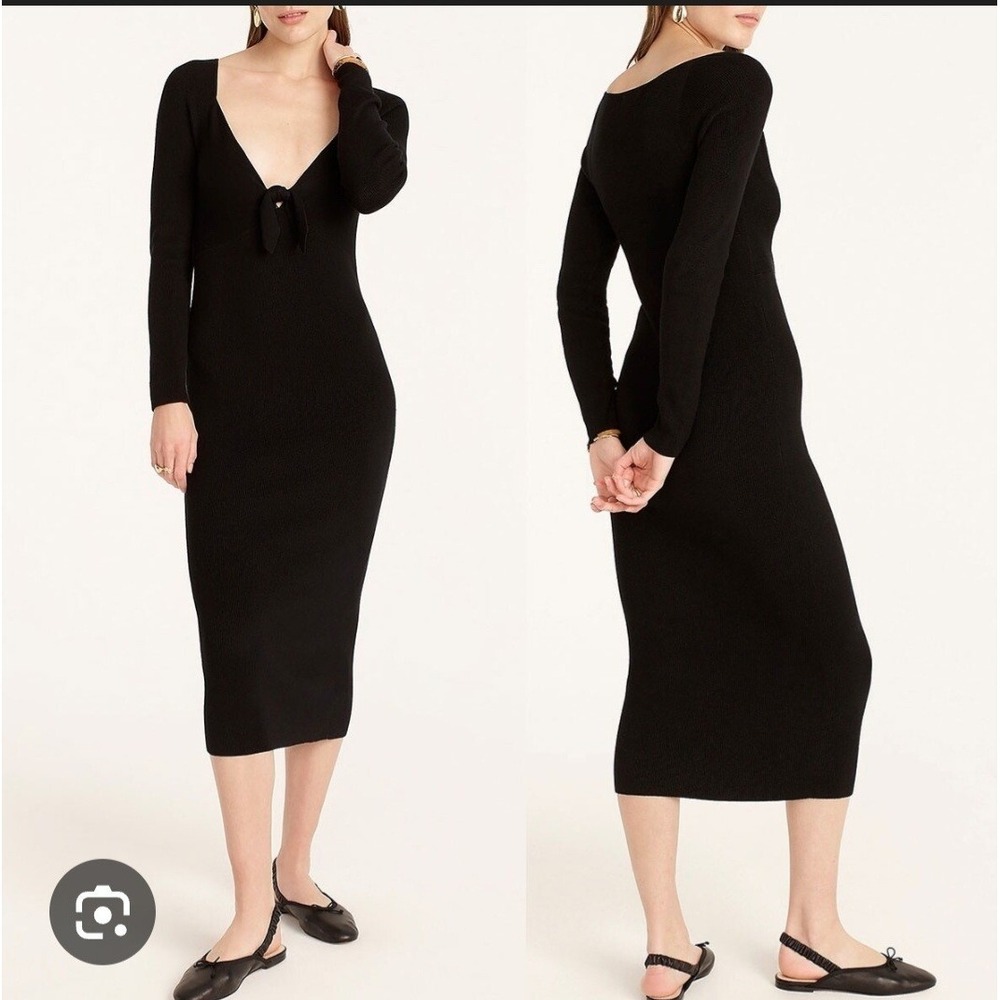 NWT J.Crew Long Sleeve Ribbed Knit Plunge Tie Front Midi Black Stretch Dress S‎